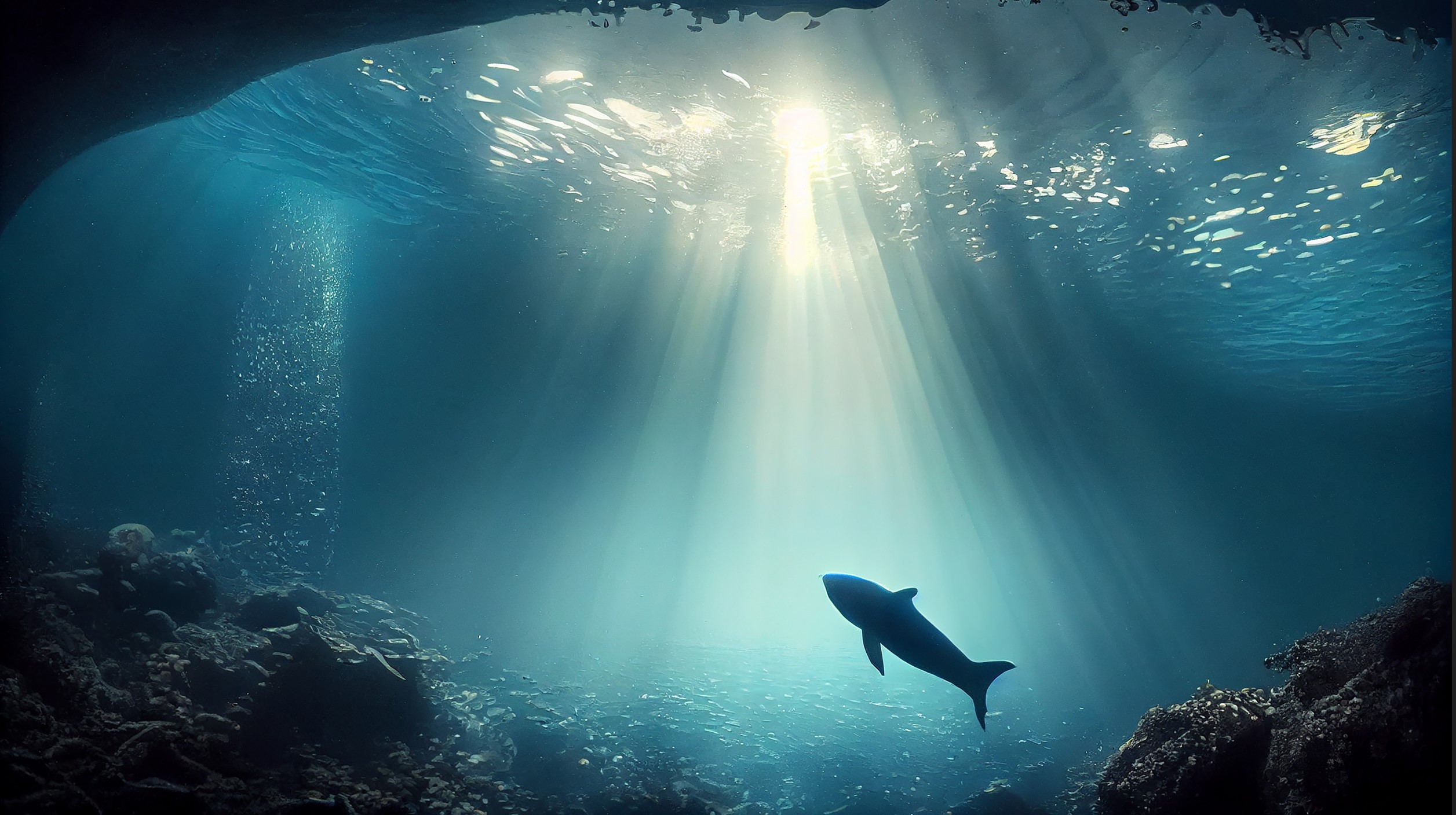 Vista subacuática oscura que puede causar miedo a las profundidades del océano.